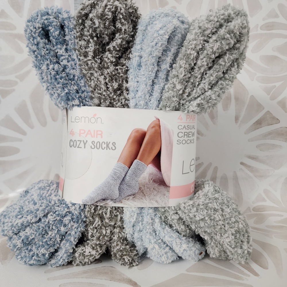 Lemon Cozy Soft Crew Socks Women's 4 Pair Blue Gray Plush Fuzzy Size 5-9.5 - Picture 4 of 5